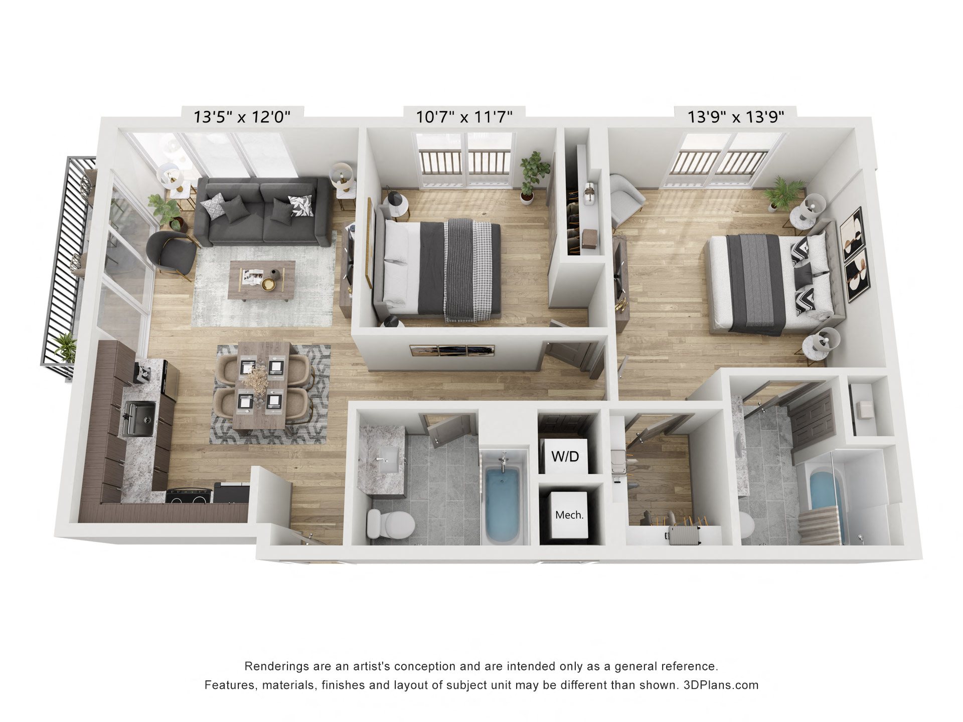 Floor plan for 2 beds, 2 baths, 950 sqft